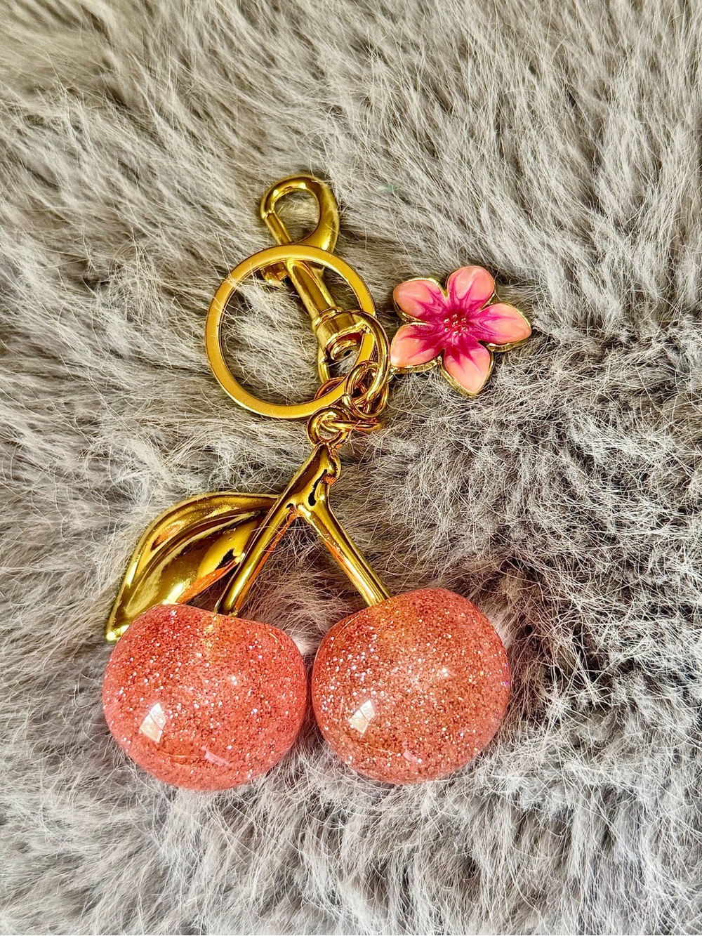 Pink Glitter Cherries & Flower Bag Charm/Keychain New
